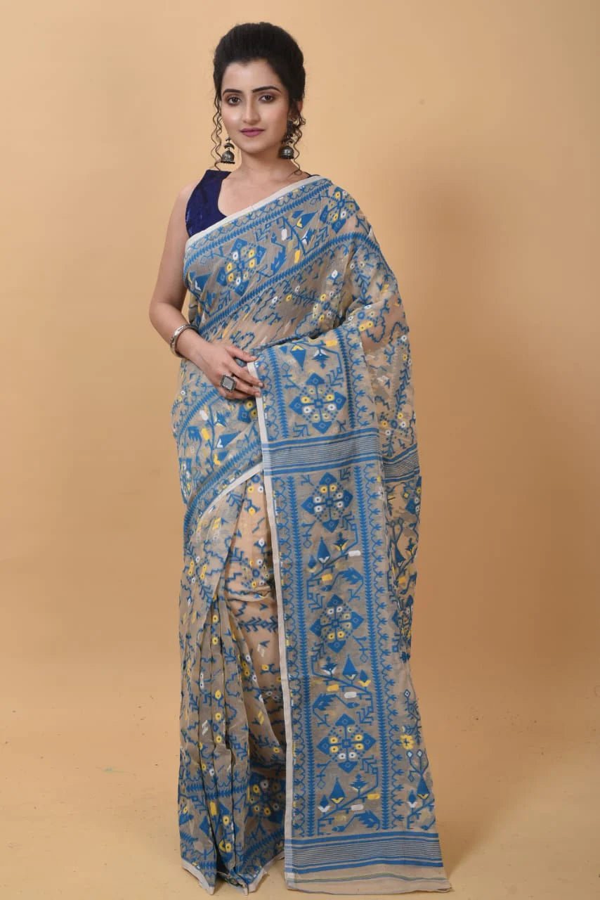 Woven design Dhakai Jamdani saree color Beige