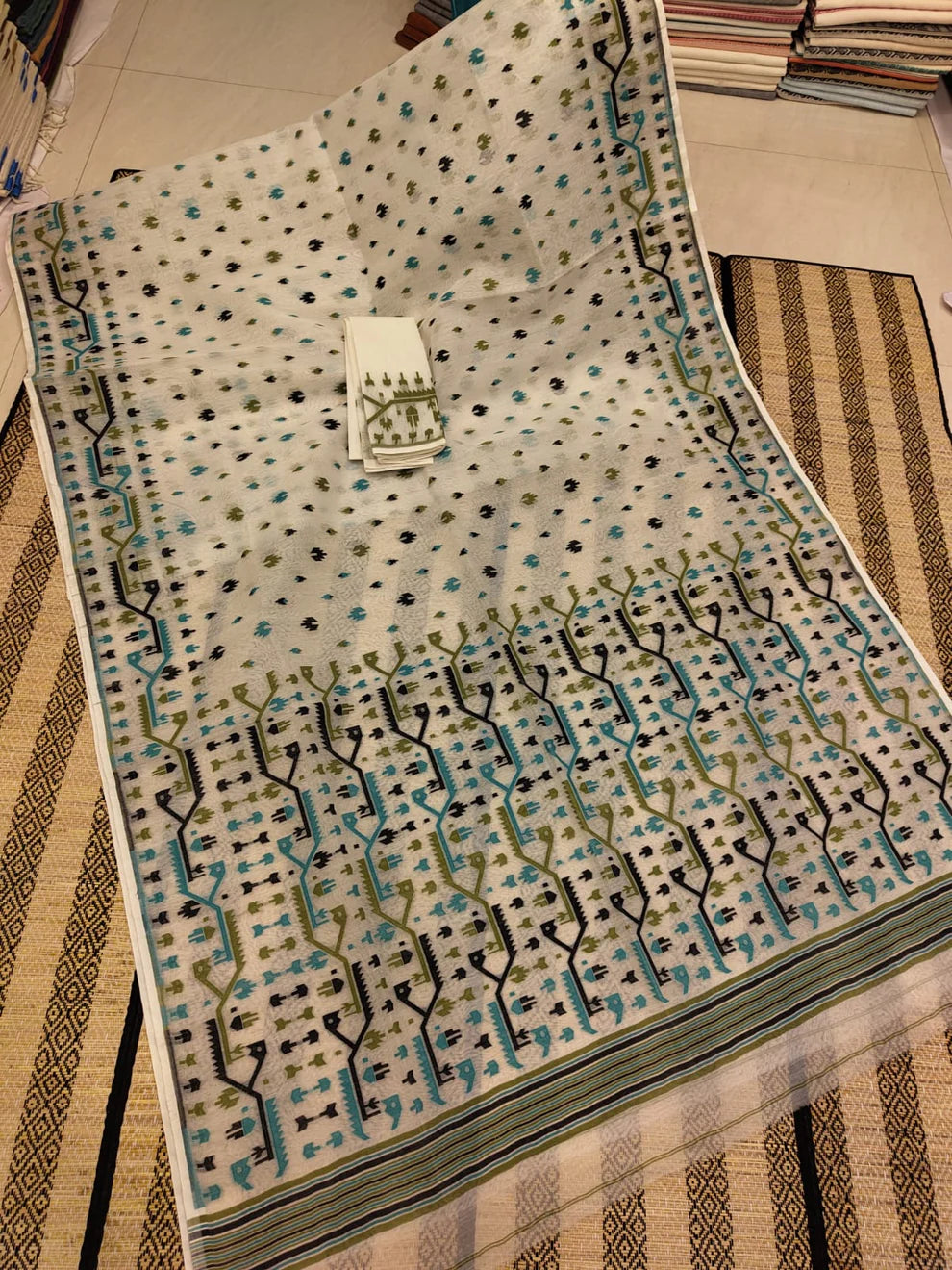 Woven Design Dhakai Jamdani Saree Color Beige