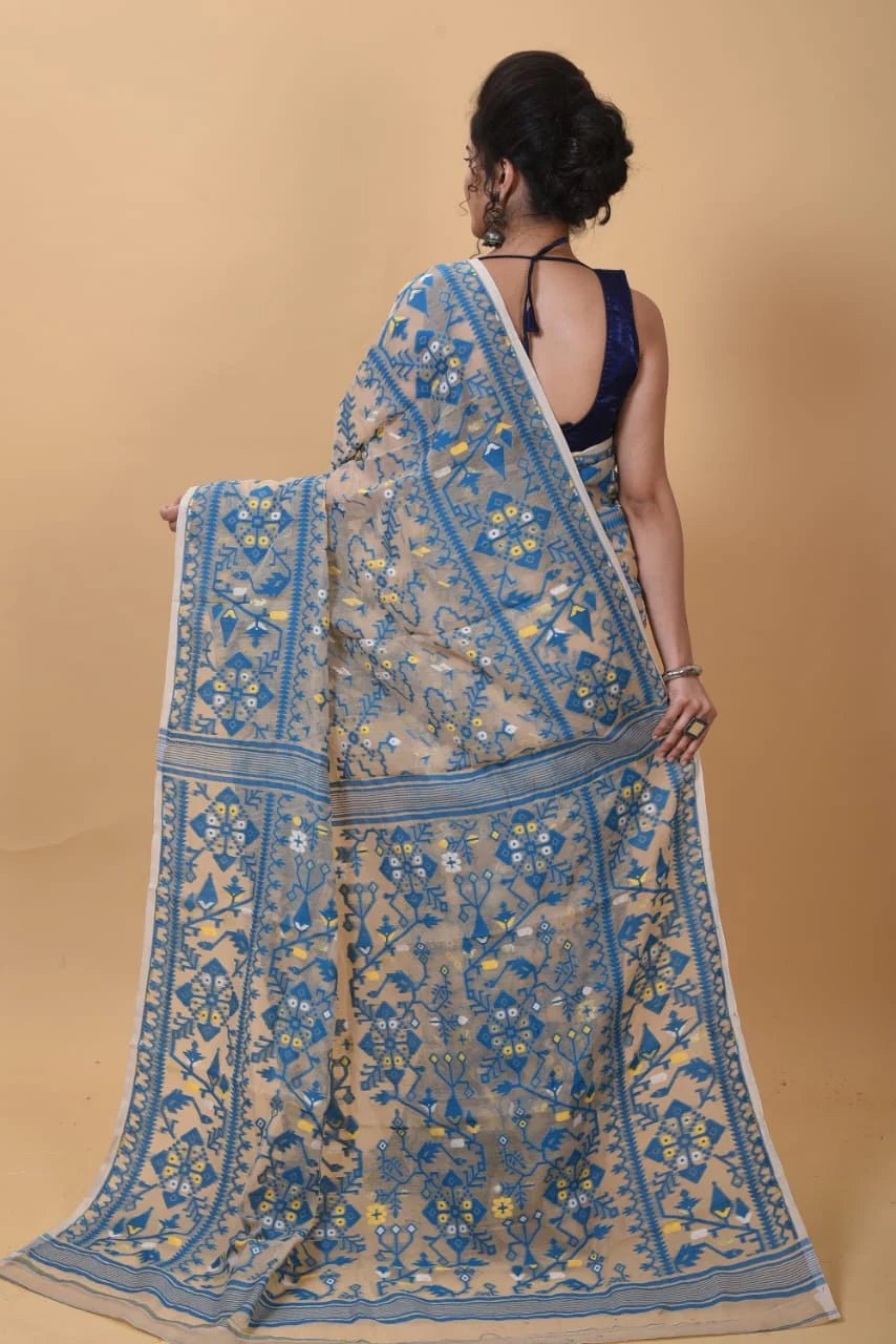Woven design Dhakai Jamdani saree color Beige