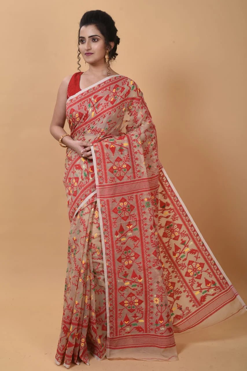 Woven Design Dhakai Jamdani Saree Color Beige