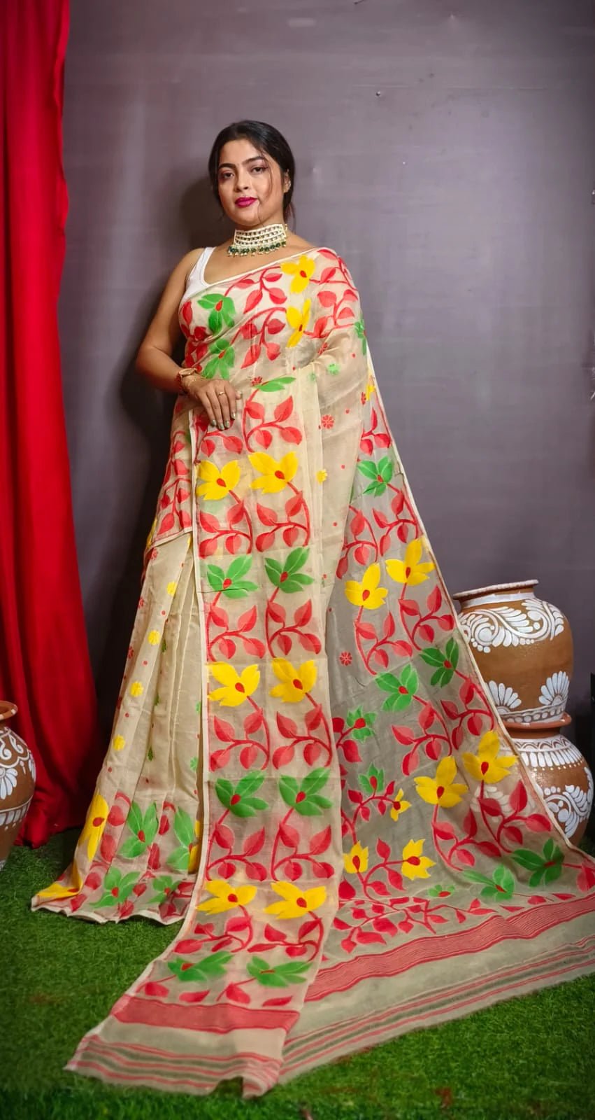 Woven Design Dhakai Jamdani Saree Color Beige