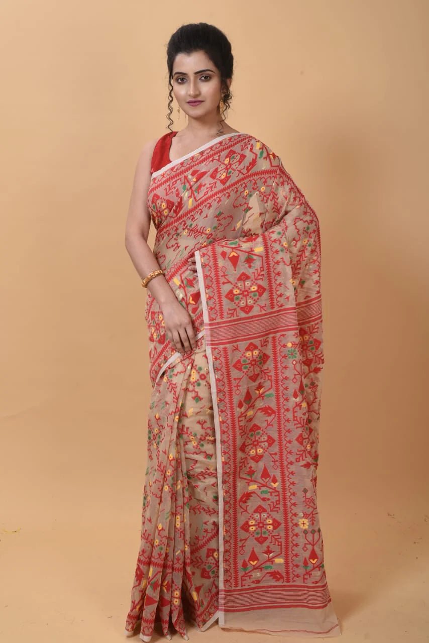 Woven Design Dhakai Jamdani Saree Color Beige