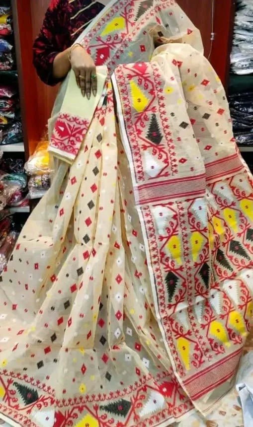 Woven Design Dhakai Jamdani saree Color Beige