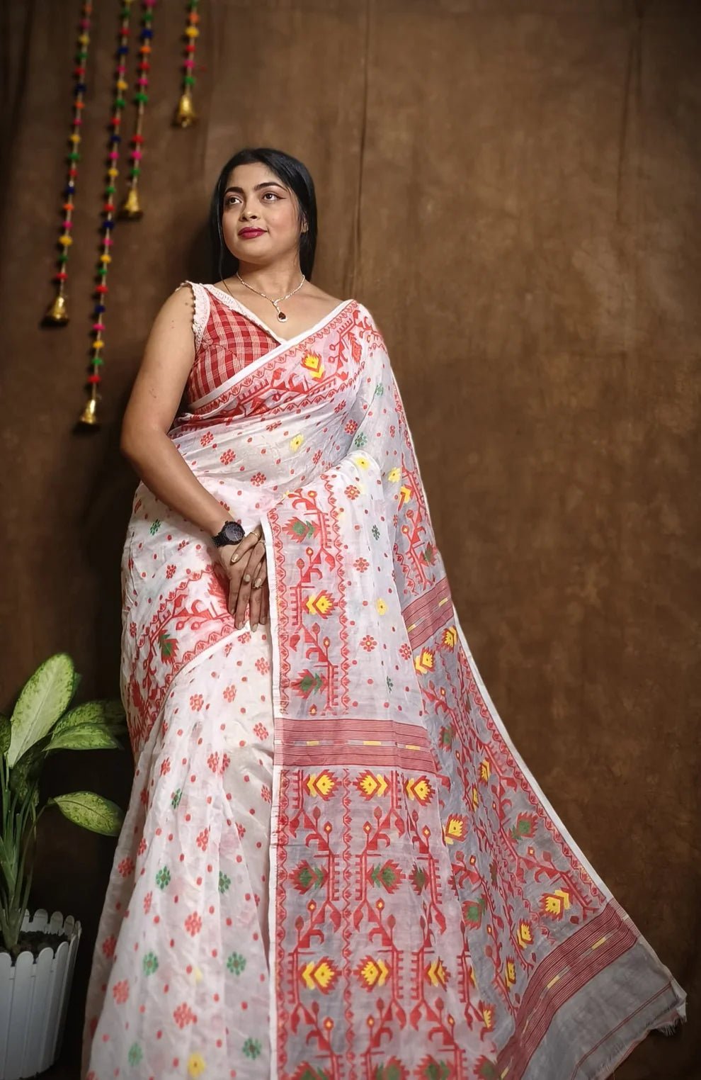 Woven design Dhakai Jamdani saree color white