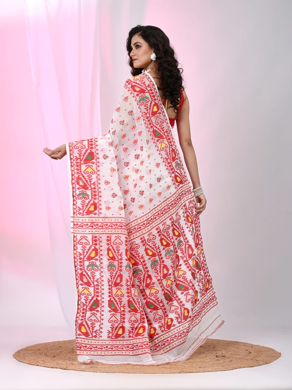 Woven Design Soft Dhakai Jamdani saree color white