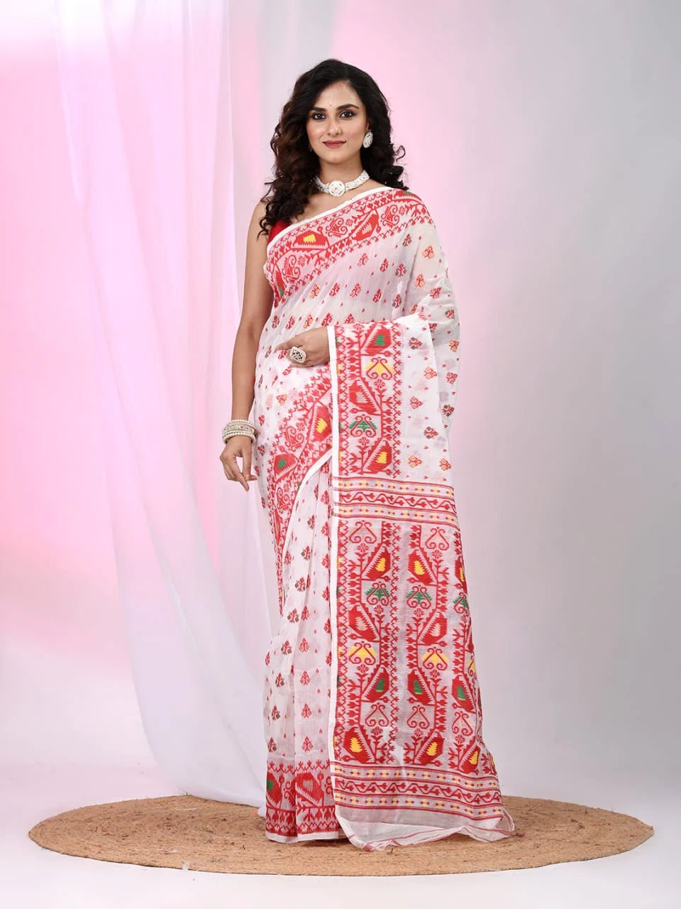 Woven Design Soft Dhakai Jamdani saree color white