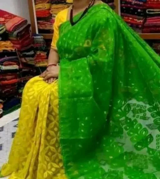Woven Design Soft Jamdani Saree Cotton Silk Color Yellow Green