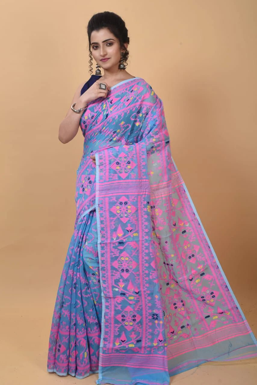 Woven Design,Soft Dhakai Jamdani saree Color Aqua blue