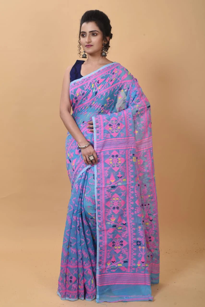 Woven Design,Soft Dhakai Jamdani saree Color Aqua blue