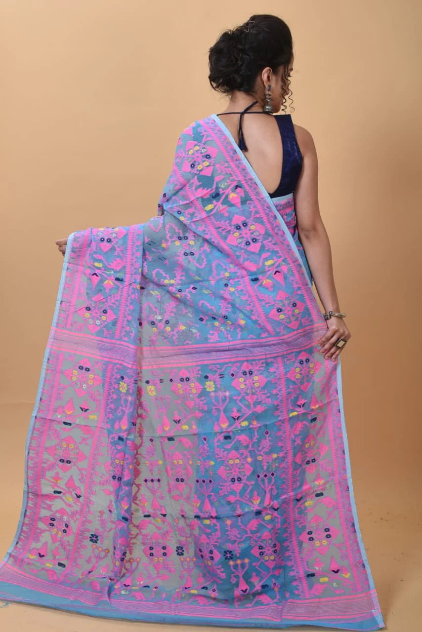 Woven Design,Soft Dhakai Jamdani saree Color Aqua blue