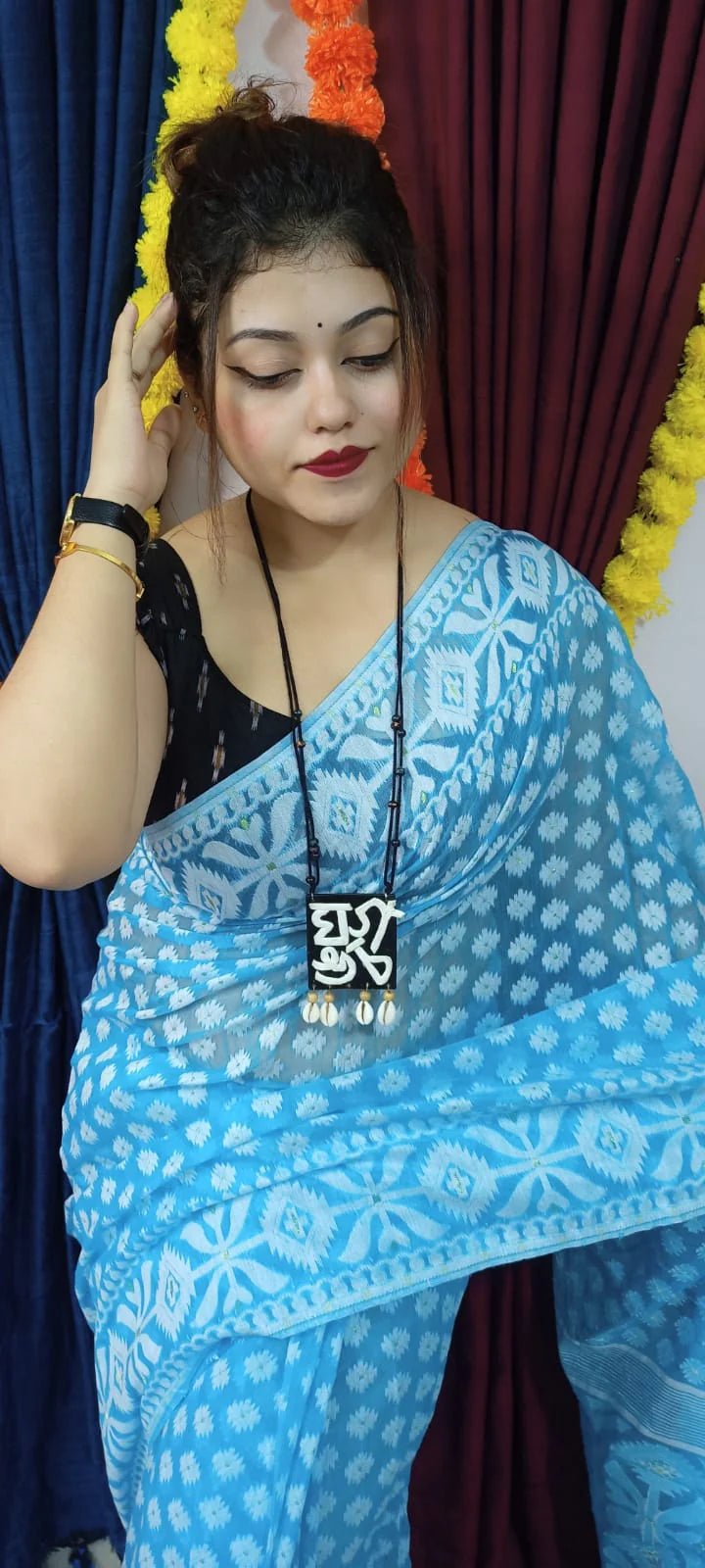 Woven Soft Dhakai Jamdani Saree Cotton Silk Color Aqua blue