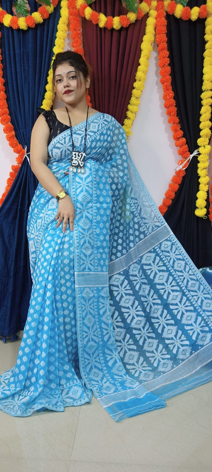 Woven Soft Dhakai Jamdani Saree Cotton Silk Color Aqua blue