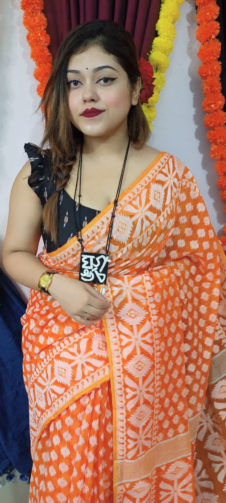 Woven Soft Dhakai Jamdani Saree Cotton Silk Color Orange