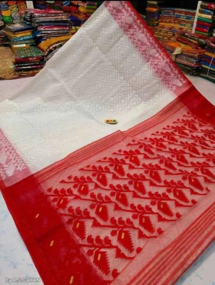 Woven Soft Dhakai Jamdani Saree Cotton Silk Color White Red